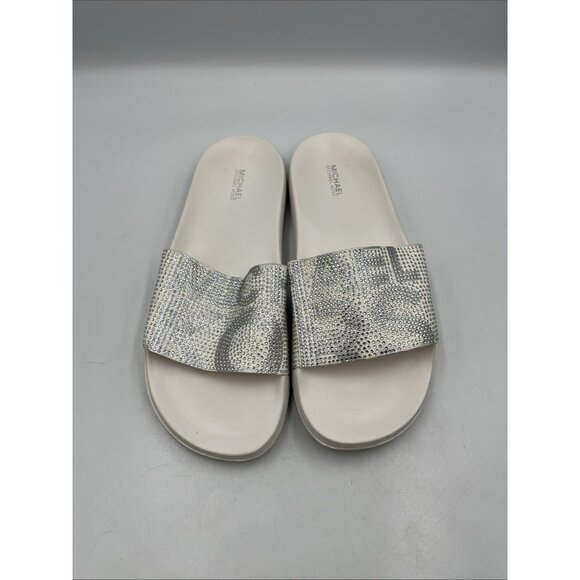 michael kors white crystal logo slide sandals,  no box , 9m WHITE&SILVER  SEE AL - Picture 2 of 16